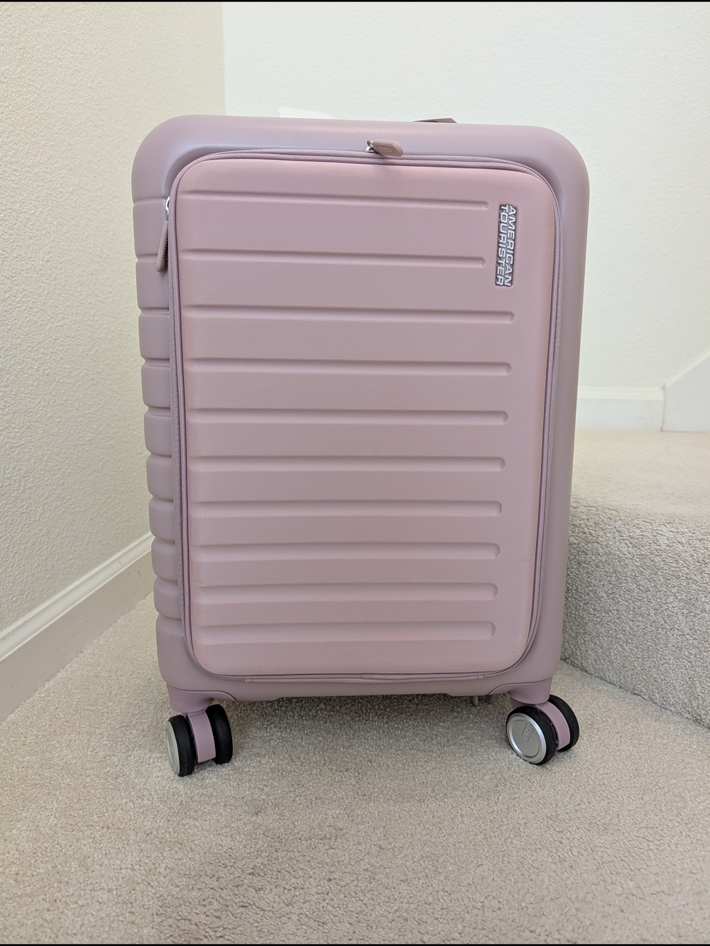 American Tourister Blush Pink Spinner Carry-On with Front Zip Pocket